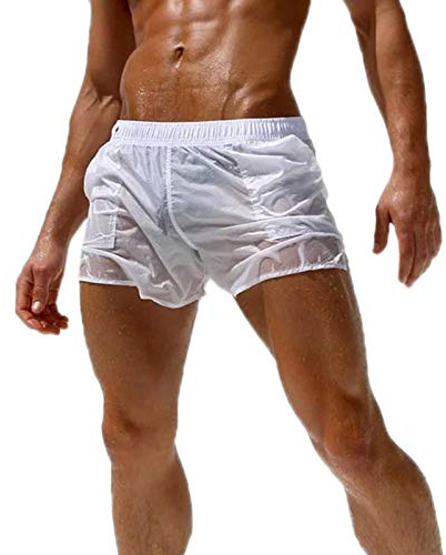 Cicilin Hommes Shorts de Bain Sexy Transparent sans Doublure Caleçons Boxer Trunks Pantalon Court de Plage Loisir Natation sous-Vêtements Surf Board Shorts (Asie M)