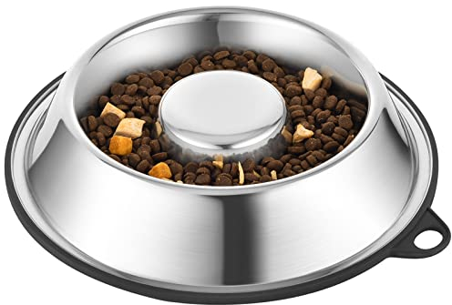 PEGGY11 Stainless Steel Slow Feeder Dog Bowls, Food Grade, BPA Free, Dishwasher Safe, Nonslip Rubber Bottom, Non Tip Base, Metal Slow Feed Bowls for Fast Easter, 475ml