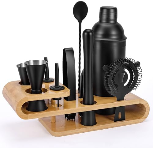TONGTAIWQTJQ Juego de coctelera con elegante soporte de bambú, juego de herramientas de barra negra de 18 piezas con folleto de recetas, juego de mezclador de bebidas para el hogar