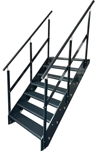 Kaminbau Mierzwa Scala in acciaio Premium con ringhiera su entrambi i lati, completamente antracite RAL 7016/7 gradini (larghezza 800 mm) (altezza 133 cm), resistente alle intemperie, gradino a