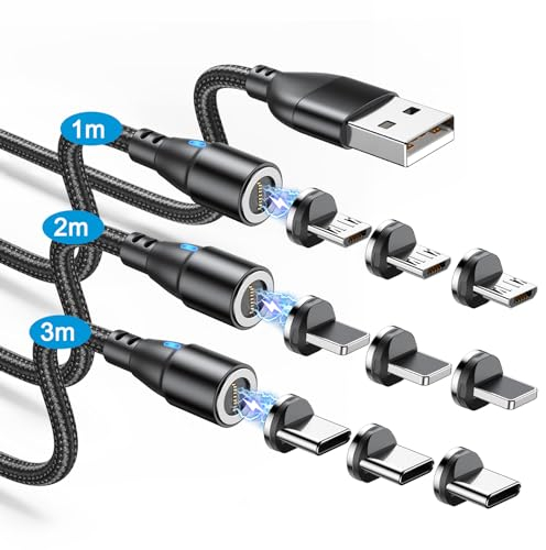 TUNKIA 9Pin Magnet Ladekabel USB C 3 Stück [1M 2M 3M], 3A Schnellladung Ladekabel Magnetisch, 3 in 1 Magnetisches Datenkabel für Typ C/Micro USB/i-Produkte