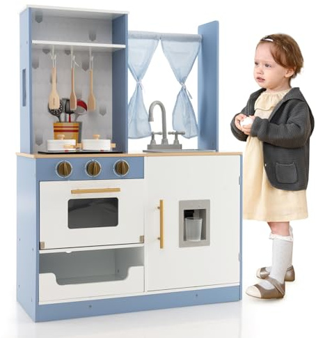 RELAX4LIFE Cucina Giocattolo per Bambini, Mini Cucina in Legno con Fornelli, Forno, Lavandino e Distributore d'Acqua, per Bambini 3+ Anni