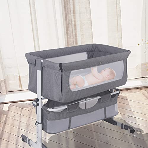 Supfine Babybett Cododo, 3-in-1-Bett mit Matratze und Moskitonetz, Höhenverstellung, Mobile Wiege für Neugeborene/Säugling, Calidoo mit Aufbewahrungskorb (92 x 58 x 70 – 87 cm, Grau), YE360461
