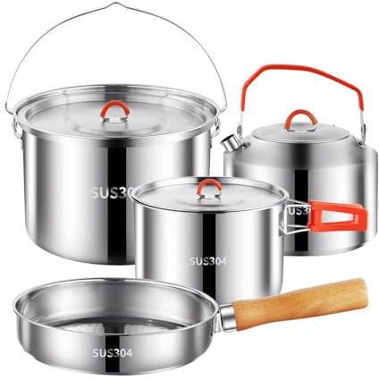Camping Cookware Set,Camping Cooking Set,304 Stainless Steel Camping Pots and Pans Set,Durable Camping Gear with Kettle for Hiking Outdoor Cooking Picnics
