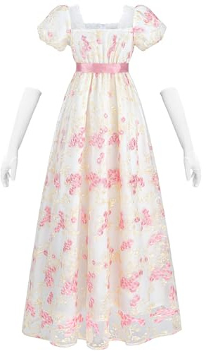 Fiamll Robe de bal Regency pour femme - Taille empire - Robe de bal - Costume Renaissance cottagecore avec gants