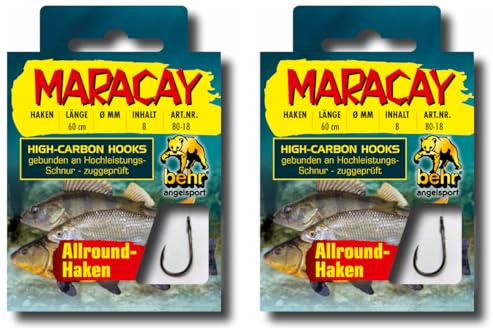 Set: 2 Packungen Behr Maracay gebundene Allroundhaken Angelhaken (16 Stück), 60cm Hakengröße 6, 8, 10, 12 je nach Auswahl + gratis Petri Heill! Aufkleber