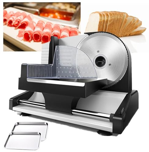 pedenencelia Electric Meat Slicer Machine 200w For Home Use,With Removable19cm Stainless Steel Blade&2 Trays&Food Pusher,Deli Food Slicer,Tool-Free Disassembly-For Slicing Meat, Ham, Bread