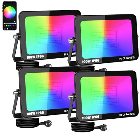AUXTINGS Pack de 4 focos reflectores LED para exterior de 100W, 10000 lm RGB con app, regulables, cambio de color, temporizador de escena, IP66, enchufe UE