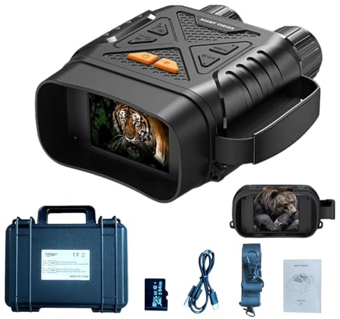 EMEBAY - Prismáticos de visión nocturna 1080P con tarjeta TF 64GB + caja rígida, zoom digital 10X, alcance visual 800M, pantalla IPS HD de 2.8, batería recargable, gafas digitales