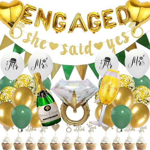 Engagement Party Decorations Set - Gold Glitter 'She Said Yes' Banner with Engagement Balloons and Proposal Decor