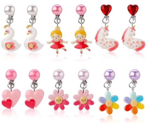 COYUN 6 Paires Boucles d'Oreilles Clip Enfants Fille, Boucle Oreille Sans Trou, Licorne Fleur Cœur, Clips d'Oreilles Non Piercing, Princesse Bijoux Accessoires Fête Anniversaire Cadeau