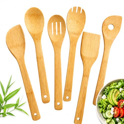 Kochlöffel Holz, 6Teilig, Holz Kochlöffel Set, Schöpfkelle, Pfannenwender, Schlitzpfannenwender, Flacher Wender, Universal Für Küche, Antihaft Schonend, Für Kochen Braten Und Servieren