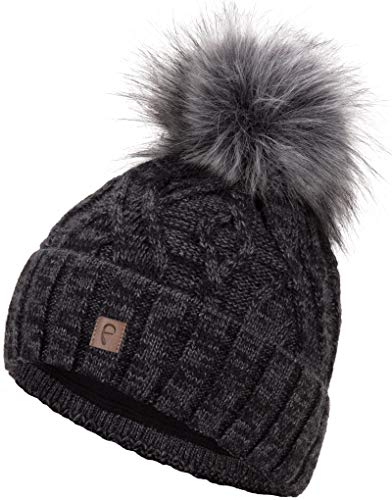 Faera Wintermütze Müttze Damen warm gefüttert mit Bommel Mädchen Bommelmütze Fleecefutter Winter Strickmütze Beanie Herren 33, Farbe:Schwarz