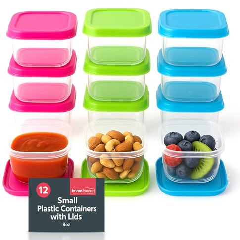 SOL 12pk Small Plastic Food Containers with Lids 6cm x 6cm x 3.5cm Kids Snack Box Stackable Freezer Storage Pots Reusable Food Holders for Lunch Portions Home Kitchen Organisation