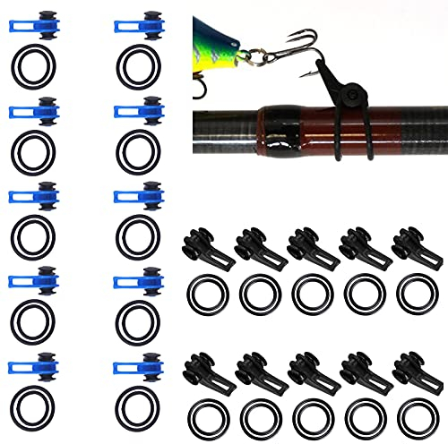 Köder Hakenhalter 20 Stück Angelzubehör, Hakenhalter aus Kunststoff und Gummikreis, Zum Platzieren und Fixieren von Angelhaken, Passend für Die Meisten Angelruten, Sicher und Langlebig(Schwarz, Blau)
