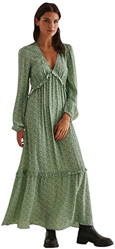 NA-KD Vestido Largo con Volantes y Mangas Globo para Mujer, Flor Verde, 36