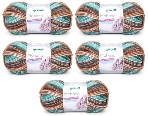 Gründl Wolle Mohanna Strick- und Häkelgarn aus 90% Polyacryl, 10% Mohair, 5 x 100 g, dicke Wolle, grün-braun-camel