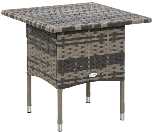 Outsunny Rattan Side Table Outdoor Coffee Table Patio Garden Mixed Grey | Plastic Board Under Full Woven Top, for Balcony