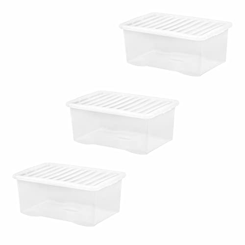 M1SS (Set of 3-45L Litre Clear Plastic Storage Box With Crystal Lids Home Office Stackable Nestable Container Made in U.K (45L)