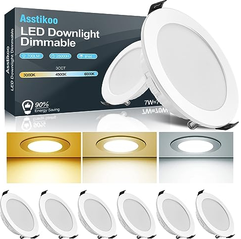 Asstikoo Spot LED Encastrable Dimmable 7W, Extra Plat 25mm, IP44 Étanche, Trou Φ85-100mm, 3000K 4500K 6500K Éclairage Plafonnier 230V Pour Salle de Bain, Salon, Cuisine