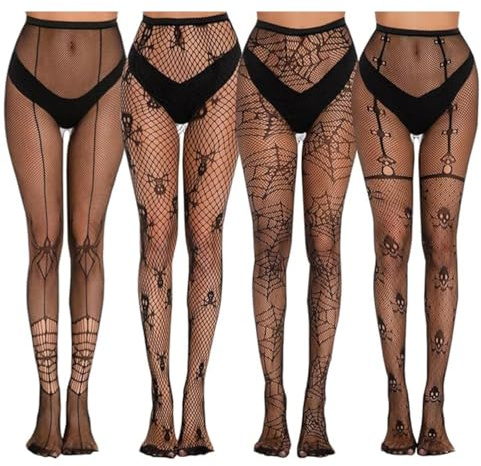 FAINCA 4 par nätstrumpor, nätstrumpor för kvinnor, halloween svarta nätstrumpbyxor, Hallowen nätstrumpor, gotiska spindelnät tights, gotiska tights för halloween dekoration, Svart, one size