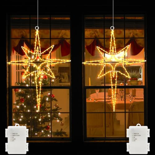 2 Stück Bethlehem Stern Fensterlichter Batterie Weihnachtsdeko mit Timer | Timer, 5 Modi, Metall, Wasserdicht, Innen Außen Weihnachten Kinderzimmer Party Weihnachtsstern Fenste Deko,Warmweiß