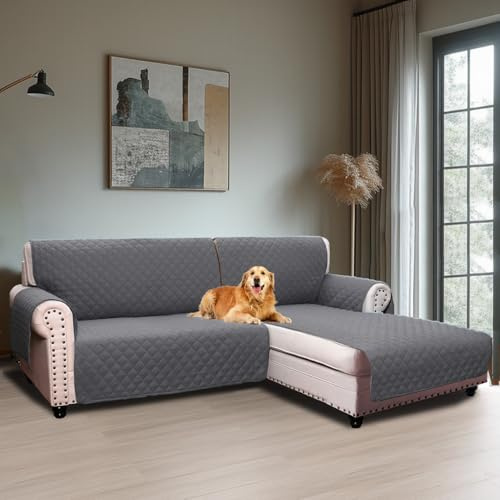 BellaHills Sofaüberzug Wasserabweisend rutschfeste Sofaüberwurf Abnehmbar mit Armlehnen Taschen und Gummiband Chaiselongue Rechte (205CM) Grau
