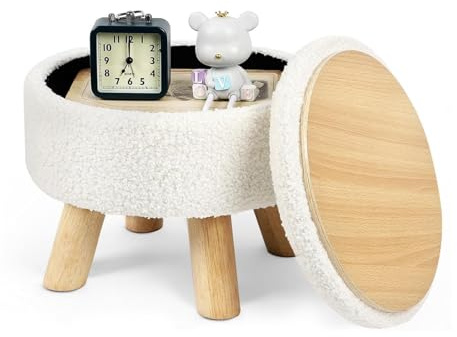LIANTRAL Rund sittpall, teddy sammetsfotpall med förvaringsutrymme, avtagbart lock, trästöd, modern stopppall, sminkpall för vardagsrum, sovrum, 31,7 x 31,7 x 28 cm, krämvit