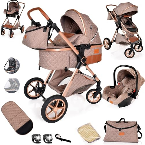 Baby Pram Pushchair Baby Buggy Stroller 3 in 1 Child Lightweight Folding Stroller 3 in 1 Travel System for Newborns & Toddlers 0-36 Months from Birth (Beige)
