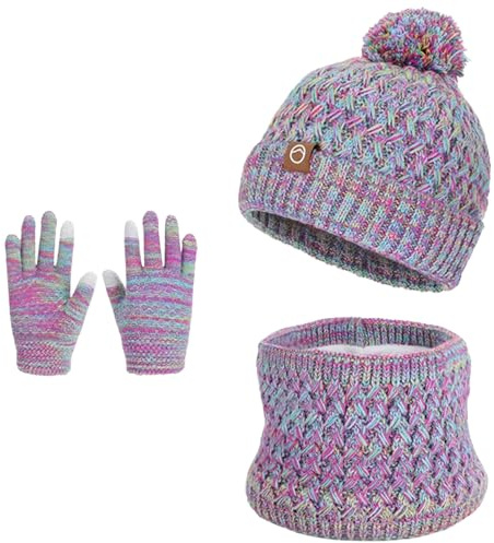 Enjoyaa Ensemble bonnet, écharpe et gants d'hiver chauds en tricot thermique pour enfants, cache-cou, moufles pour écran tactile avec doublure en polaire douce pour 4 à 12 ans, filles et garçons