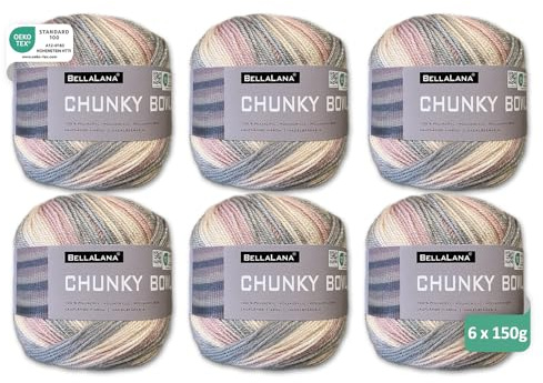 BellaLana Wolle Chunky Bowl - Farbenfrohes Garn mit Streifen-Look zum Stricken & Häkeln - 100% Polyacryl - Leicht zu verarbeiten - Lauflänge 450m/150g, Nadelstärke 4, 6 x 150g - Beige-Pastell