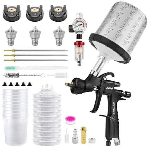 BENTOHKLE R500 LVLP Air Spray Gun with 10PCS 650ML Disposable Paint Cups, A610 Paint Guns Automotive, Paint Gun Sprayer for Car Painting, 1.3/1.5/1.7mm Nozzles, with Air Regulator&Water-Oil Separator