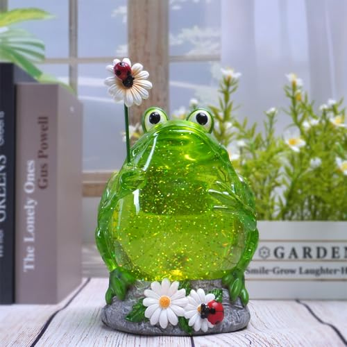 Spring Frog Snow Globe Decor with 6H Timer, Swirling Glitter Snow Globes Spring Figurine Decorations, USB/Battery Operated, for Spring Holiday Home Decor and Gift (Frog Flower)