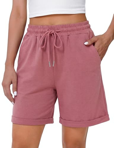 Litherday löparshorts för kvinnor sommar gym sportshorts bermuda joggingbyxor vardagliga loungebyxor med dragsnöre och fickor, Mörkrosa, M
