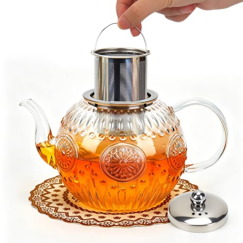 Ulable Glass Teapot 1500ml with Infuser & Trivet | Removable Steel Infuser, Non-Slip Trivet, Borosilicate Teapot for Loose Leaf, Blooming Tea & Bags, Dishwasher & Freezer Safe