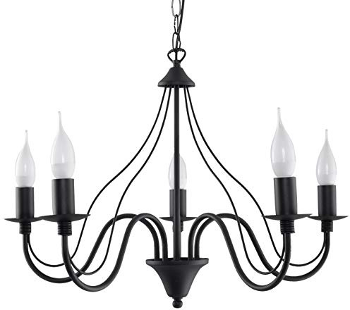SOLLUX lighting Kronleuchter Hängelampe Hängeleuchte - Deckenlampe Stahl - 5 Flammig - LED Lampe Glühbirne - Schwarz Minerwa