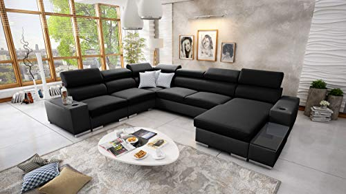 All4All Ecksofa mit Schlaffunktion Piano 358x282 cm – Schlafsofa mit Bettkasten – Wohnlandschaft XXL – Sofa U-Form – Gewebe mit Kunstleder - Groß - Big Sofa - Rechte Seite - Schwarz/Schwarz 26
