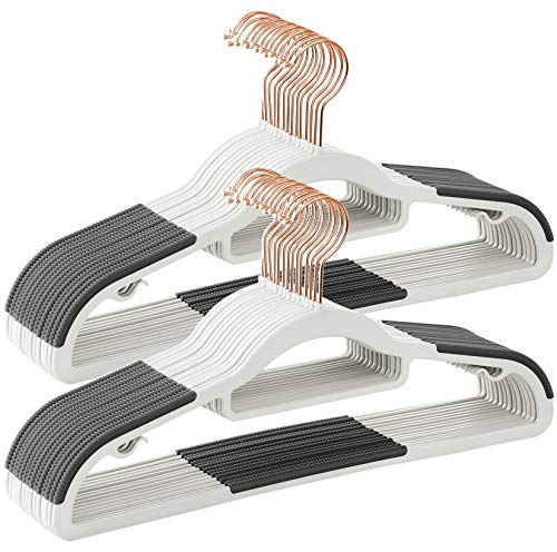 SONGMICS Set of 30 Non-Slip Plastic Hangers, Space-Saving, 0.5 cm Thick, 42 cm Long, 360° Swivel Hook in Rose Gold, White and Dark Grey CRP020W01
