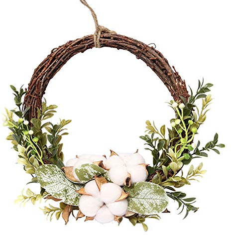 YAOTT Girlanden-Eukalyptus Simulation Frühling Sommer Kranz mit künstlicher Baumwollblume Wandbehang Landhaus-Dekoration, Vintage-Bauernhaus-Grünkranz Indoor Outdoor Dekor klein Klein: 25.5 * 6.5cm
