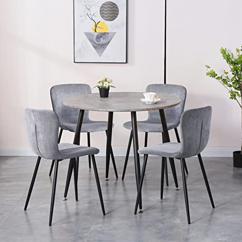 GOLDFAN Esszimmergruppe Esstisch mit 4 Stühle Set Rund Glas Esstisch Küchentisch mit Stoff Stühle für Esszimmer Wohnzimmer Büro (Grau)