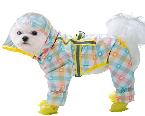 Hunde-Regenmantel, vollständige Abdeckung mit reflektierenden Streifen, wasserdichter Hunde-Einteiler, Hunde-Regenmantel mit Regenstiefeln, Set für kleine, mittelgroße Hunde_XS (Rosa)