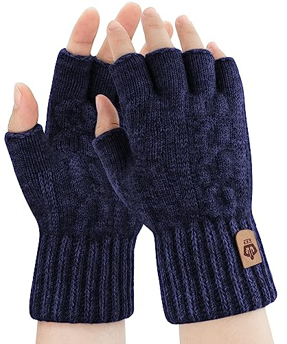 ARFNKIM Fingerless Gloves Men and Women Winter Touchscreen Warm Resilient Knitted Half Finger Gloves for Running Skiing Driving Cycling(Dark Blue)