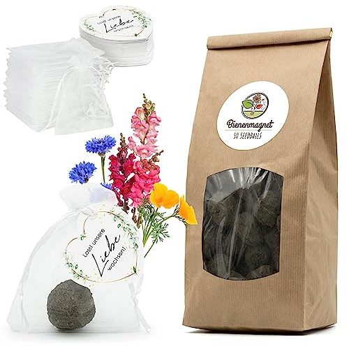 Gastgeschenke Hochzeit Blumensamen Samenbomben - Besonderes Hochzeitsgeschenk für Gäste als Give Away - Lasst unsere Liebe wachsen Komplett-Set (50er Set)