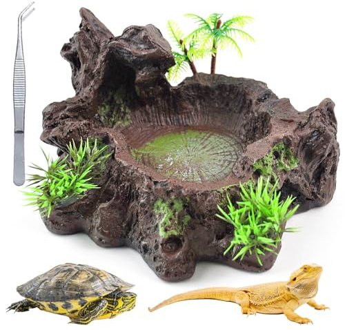 kathson Resin Reptile Bowl Bearded Dragon Food Dish Lizard Water Dish Reptiles Feeding Bowls with Feeder Tweezer for Leopard Gecko Tortoise Chameleon Water Frog Hermit Crab