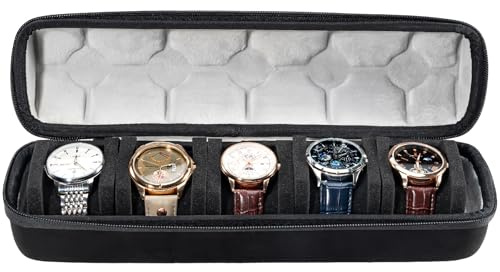 ProCase Uhrengehäuse Reise Uhrenbox, 5 Slot Tragbare Uhrenbox Uhrenrolle Reisetasche Watch Travel Case mit Clip und weicher stoßabsorbierender Polsterung - Schwarzgrau