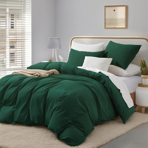 Gezu Set di biancheria da letto 135 x 200 cm, in cotone verde, 4 pezzi, colore verde scuro, tinta unita, copripiumino e federe da 80 x 80 cm, con chiusura lampo
