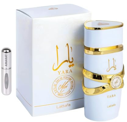 Perfume Yara MOI blanco Original 100ML, Perfume Árabe de Larga Duración, Eau da Parfum Importado desde Dubái, Incluye Atomizador Recargable 5ML, Fragancia Tropical y Vibrante, Unisex (Yara MOI)