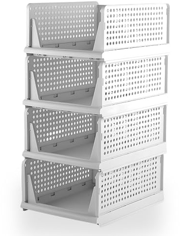 LARGE 26.0L | H18.5cm | 4 Pack Stackable Wardrobe Storage Drawers – L43×W33×H18.5 cm each - Foldable Plastic Closet Organiser Baskets for Bedroom Bathroom Kitchen – Space-Saving Foldable Design, White