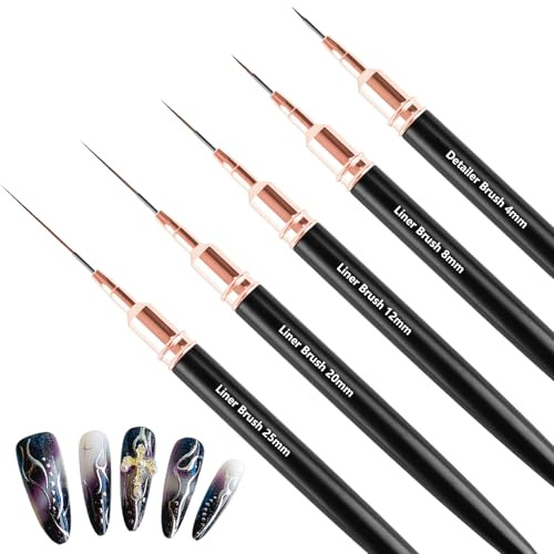 MOXYOY Pinceaux pour Nail Art, Set de 5 Pinceaux Liner - Outil de Détails Fins, Lignes Longues, Vernis Gel & Design d'Ongles - Tailles 4/8/12/20/25mm