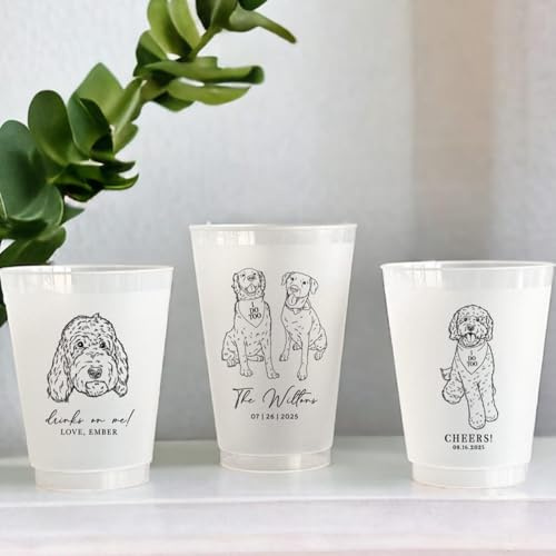 Lot de 20 tasses de mariage personnalisées, gobelets givrés à motif de chien illustré pour fête, 35,4 ml, réutilisables, parfaits pour réception de mariage, fête de fiançailles